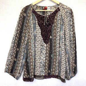 Womens Flowy Velvet Burnout Whimsigoth Blouse Medium Purple Sheer Boho Top Shirt